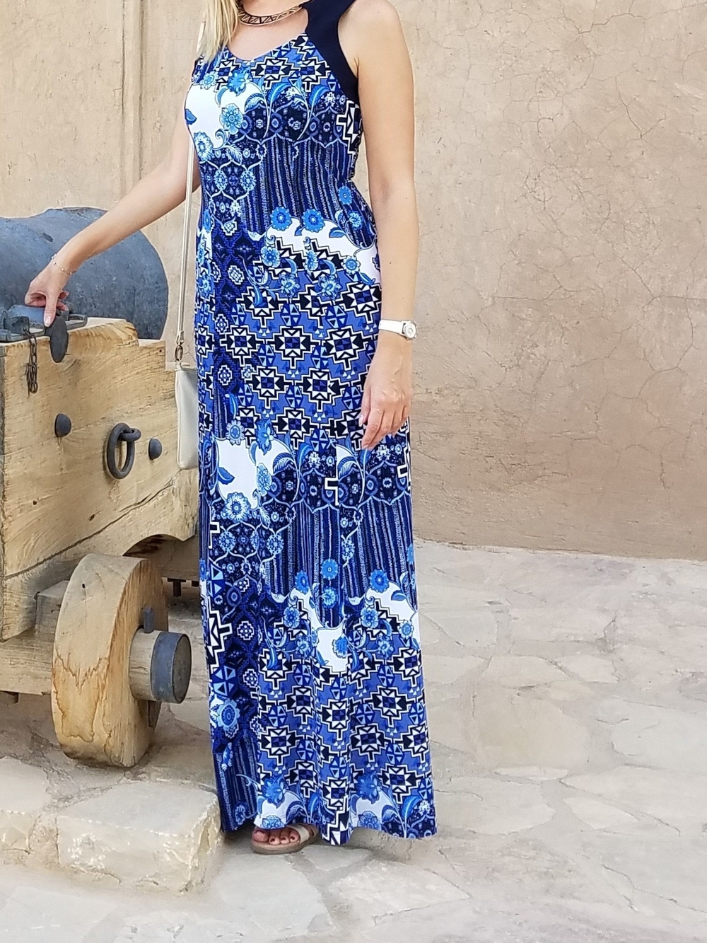 R&M Richards Blue And White Sleeveless Maxi Dress